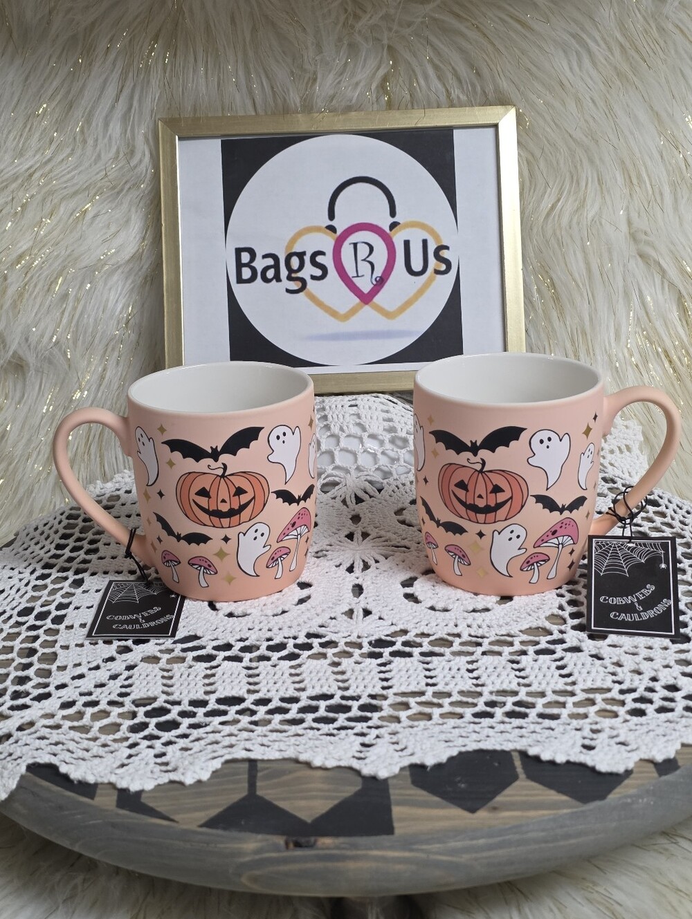 COBWEBS AND CAULDRONS PAIR OF VIRAL GHOST, MUSHROOM, BATS ORANGE MUGS NEW